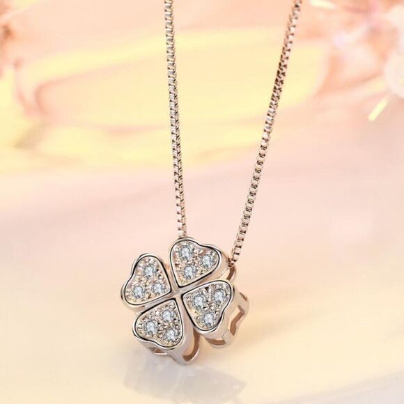 Sterling Silver Four-Leaf Clover Zirconia Pendant Necklace - Picture 2 of 8